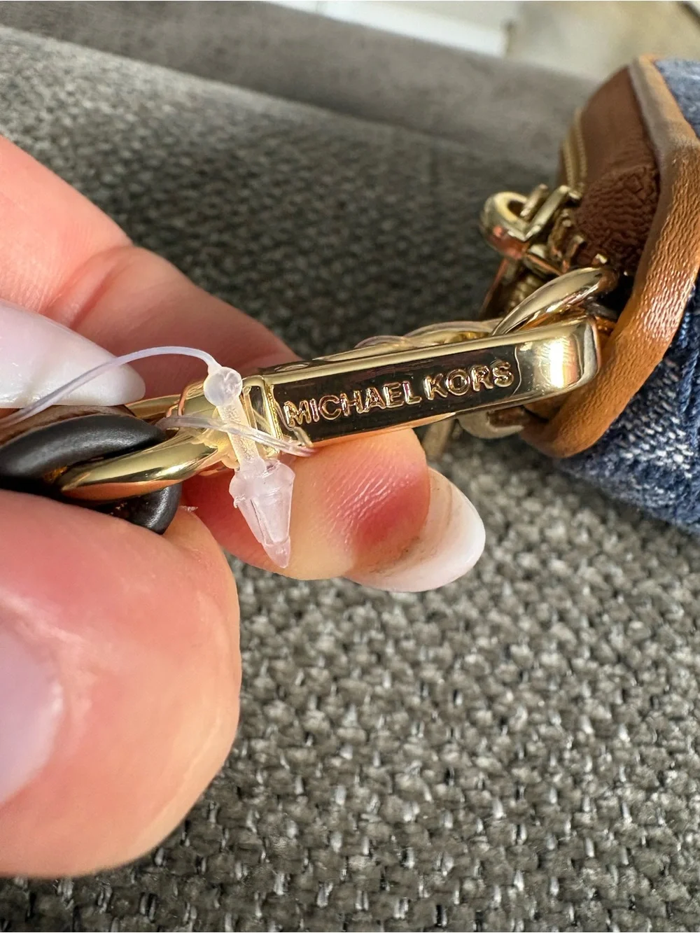 Michael Kors Blue Jean Signature Wristlet with Tan Trim and Gold Plate